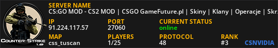 CS:GO MOD - CS2 MOD | CSGO GameFuture.pl | Skiny | Klany | Operacje | Skrzynie | Klucze | Rangi | Leczenie | Jackpot | FREE VIP | VIP/SVIP | StatTrak | Eventy